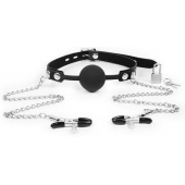 Черный кляп-шарик с зажимами на соски на металлической цепочке - Notabu - купить с доставкой в Архангельске