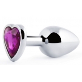 Серебристая анальная пробка с фиолетовым кристаллом-сердечком - 8 см. - Anal Jewelry Plug - купить с доставкой в Архангельске