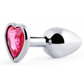 Серебристая анальная пробка с розовым кристаллом-сердечком - 7 см. - Anal Jewelry Plug - купить с доставкой в Архангельске