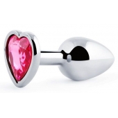 Серебристая анальная пробка с малиновым кристаллом-сердечком - 7 см. - Anal Jewelry Plug - купить с доставкой в Архангельске