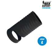 Черная открытая насадка на пенис с кольцом для мошонки L-size - 8,5 см. - Sex Expert - в Архангельске купить с доставкой