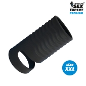 Черная открытая насадка на пенис с кольцом для мошонки XXL-size - 9,4 см. - Sex Expert - в Архангельске купить с доставкой