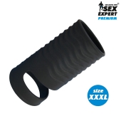 Черная открытая насадка на пенис с кольцом для мошонки XXXL-size - 9,9 см. - Sex Expert - в Архангельске купить с доставкой