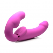 Розовый безремневой страпон с вибрацией и функцией расширения Inflatable Ergo-Fit Strapless Strap-On - XR Brands - купить с доставкой в Архангельске