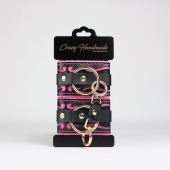 Черные кожаные наручники с розовой строчкой - Crazy Handmade - купить с доставкой в Архангельске