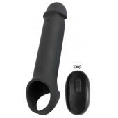 Черная вибронасадка для пениса с хомутом для мошонки и пультом ДУ Remote Controlled Penis Extension - Orion - в Архангельске купить с доставкой