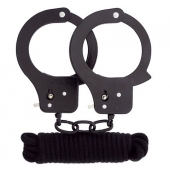 Чёрные наручники из листового металла в комплекте с веревкой BONDX METAL CUFFS LOVE ROPE SET - Dream Toys - купить с доставкой в Архангельске