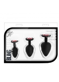 Набор черных анальных пробок с красным кристаллом-сердечком Bling Plugs Training Kit - Blush Novelties - купить с доставкой в Архангельске