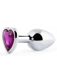 Серебристая анальная пробка с фиолетовым кристаллом-сердечком - 8 см. - Anal Jewelry Plug - купить с доставкой в Архангельске