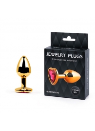 Золотистая анальная пробка с малиновым кристаллом-сердечком - 7 см. - Anal Jewelry Plug - купить с доставкой в Архангельске