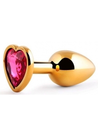Золотистая анальная пробка с малиновым кристаллом-сердечком - 7 см. - Anal Jewelry Plug - купить с доставкой в Архангельске
