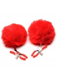 Красные зажимы на соски с помпонами Pom Pom - XR Brands - купить с доставкой в Архангельске