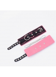 Черно-розовые кожаные наручники с розовой строчкой - Crazy Handmade - купить с доставкой в Архангельске