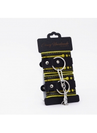 Черно-желтые кожаные наручники с жёлтой строчкой - Crazy Handmade - купить с доставкой в Архангельске