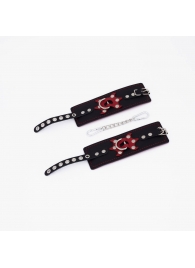Черные кожаные наручники с красным декором и строчкой - Crazy Handmade - купить с доставкой в Архангельске