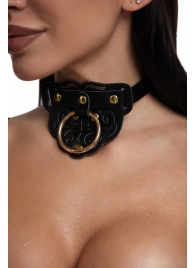 Черный фигурный кожаный ошейник с золотистой фурнитурой - Crazy Handmade - купить с доставкой в Архангельске