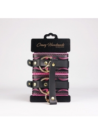 Черные кожаные оковы с розовой строчкой - Crazy Handmade - купить с доставкой в Архангельске