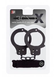 Чёрные наручники из листового металла в комплекте с веревкой BONDX METAL CUFFS LOVE ROPE SET - Dream Toys - купить с доставкой в Архангельске