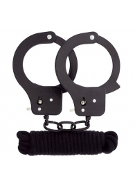 Чёрные наручники из листового металла в комплекте с веревкой BONDX METAL CUFFS LOVE ROPE SET - Dream Toys - купить с доставкой в Архангельске