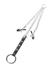 Серебристо-чёрные зажимы для сосков с кольцом для пениса TOYFA Metal - ToyFa - купить с доставкой в Архангельске