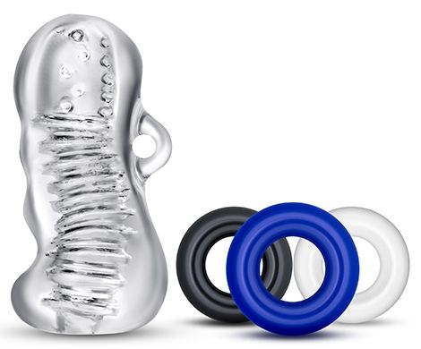 Набор для мужчин Jerk Off: мастурбатор и 3 эрекционных кольца - Blush Novelties - в Архангельске купить с доставкой