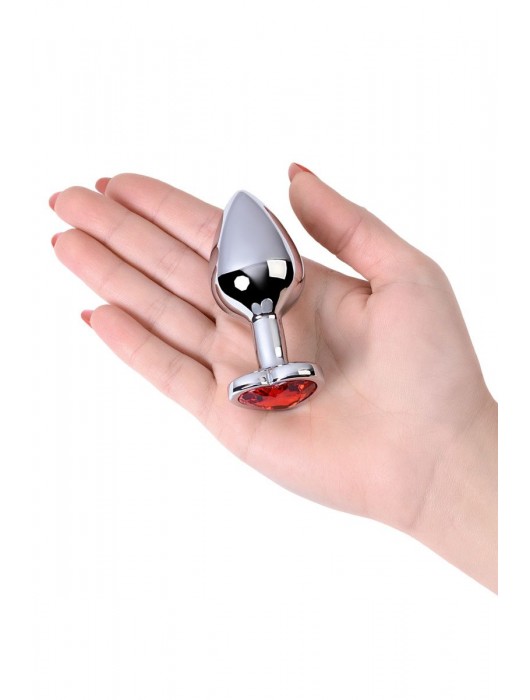 Серебристая коническая анальная пробка с красным кристаллом-сердечком - 7 см. - ToyFa - купить с доставкой в Архангельске