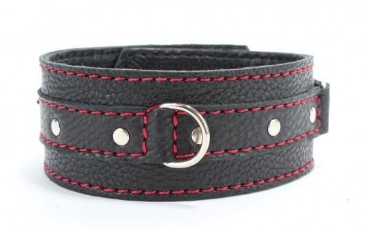 Черный ошейник из натуральной кожи с красной строчкой и заклепками - БДСМ Арсенал - купить с доставкой в Архангельске