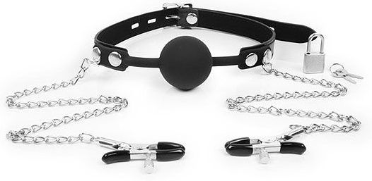 Черный кляп-шарик с зажимами на соски на металлической цепочке - Notabu - купить с доставкой в Архангельске