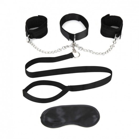Чёрный ошейник с наручниками и поводком Collar Cuffs   Leash Set - Lux Fetish - купить с доставкой в Архангельске
