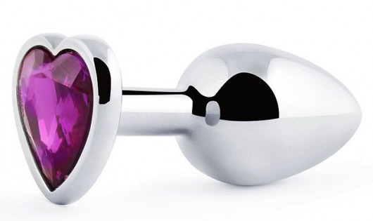 Серебристая анальная пробка с фиолетовым кристаллом-сердечком - 8 см. - Anal Jewelry Plug - купить с доставкой в Архангельске