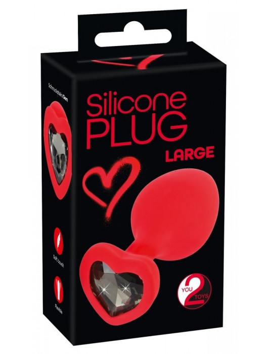 Красная силиконовая анальная пробка с черным стразом-сердечком - 9,3 см. - Orion - купить с доставкой в Архангельске