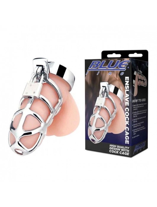Серебристая металлическая клетка для члена с замком Enslave Cock Cage - BlueLine - купить с доставкой в Архангельске