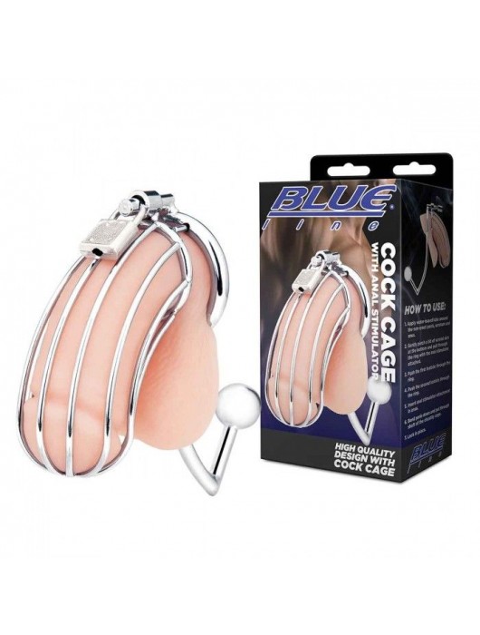 Серебристая металлическая клетка с анальным стимулятором Cock Cage - BlueLine - купить с доставкой в Архангельске