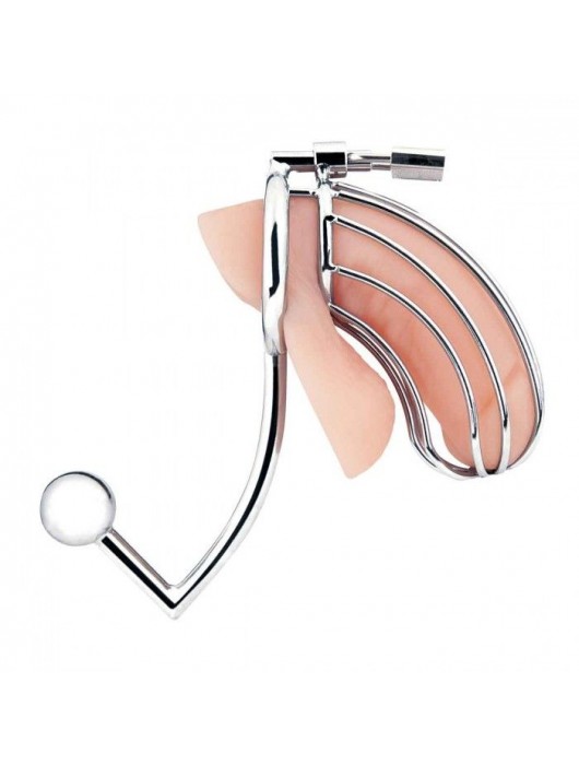 Серебристая металлическая клетка с анальным стимулятором Cock Cage - BlueLine - купить с доставкой в Архангельске