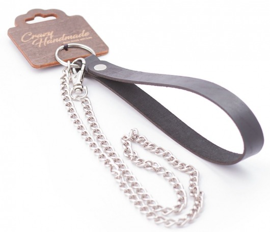 Серебристый металлический поводок с кожаной черной ручкой - 80 см. - Crazy Handmade - купить с доставкой в Архангельске
