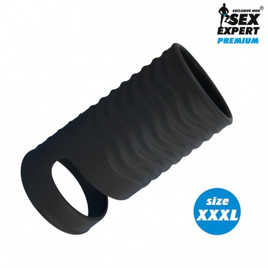 Черная открытая насадка на пенис с кольцом для мошонки XXXL-size - 9,9 см. - Sex Expert - в Архангельске купить с доставкой