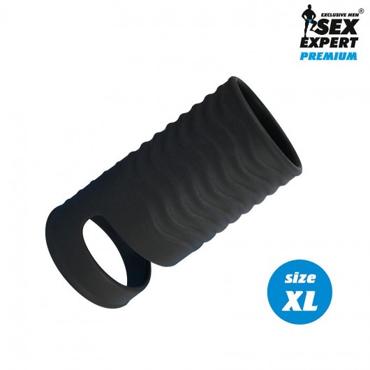 Черная открытая насадка на пенис с кольцом для мошонки XL-size - 8,9 см. - Sex Expert - в Архангельске купить с доставкой