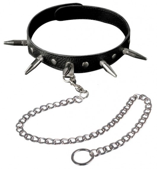Чёрный кожаный ошейник с шипами и цепочкой - Sitabella - купить с доставкой в Архангельске