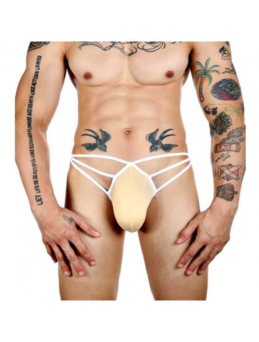 Бежевые сексуальные трусы-стринги на тонких белых бретелях - Romeo Rossi купить с доставкой