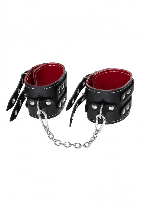 Черные кожаные оковы с двумя ремнями и красной подкладкой - Pecado - купить с доставкой в Архангельске