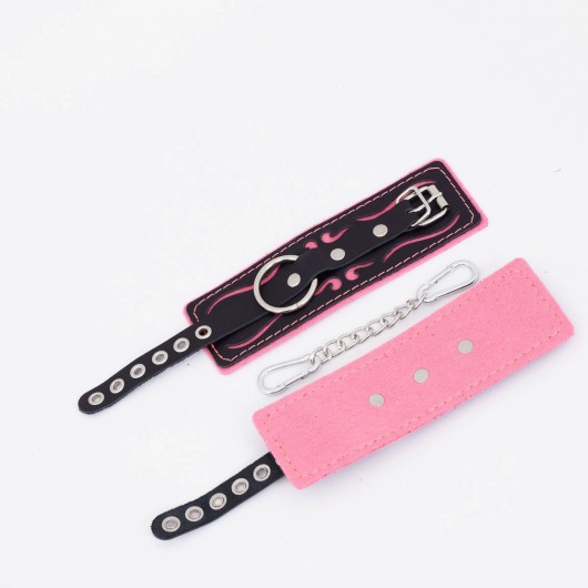 Черно-розовые кожаные наручники с розовой строчкой - Crazy Handmade - купить с доставкой в Архангельске