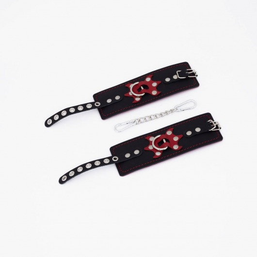 Черные кожаные наручники с красным декором и строчкой - Crazy Handmade - купить с доставкой в Архангельске