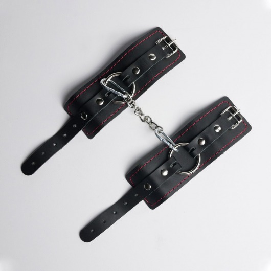 Черные кожаные наручники с красной строчкой - Crazy Handmade - купить с доставкой в Архангельске