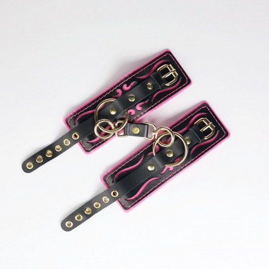 Черные кожаные наручники с розовой строчкой - Crazy Handmade - купить с доставкой в Архангельске