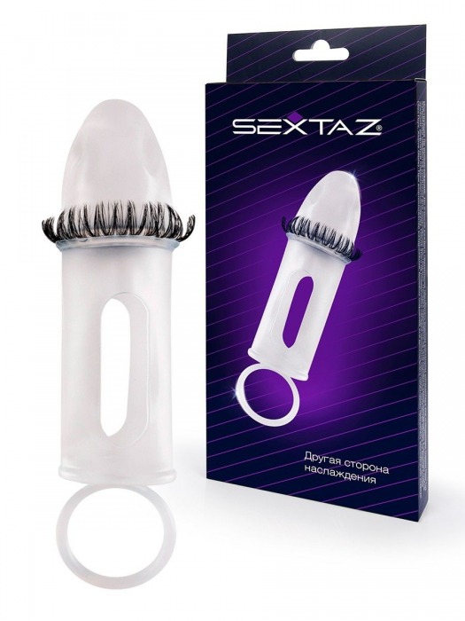 Закрытая насадка на пенис с подхватом мошонки и стимулирующими «ресничками» - Sextaz - в Архангельске купить с доставкой