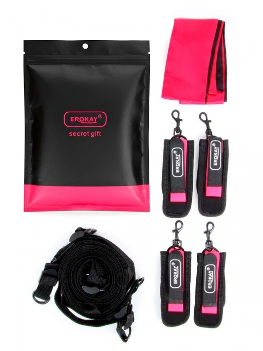 Черно-розовый эротический набор: фиксатор, оковы, наручники, повязка - Erokay - купить с доставкой в Архангельске
