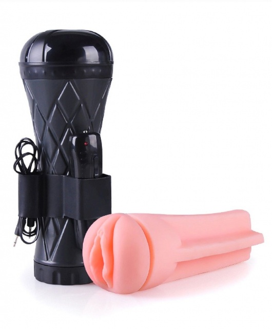Телесный мастурбатор-вагина в черной колбе с вибрацией - Boys of Toys - в Архангельске купить с доставкой