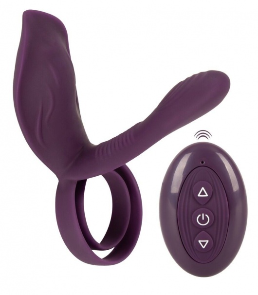 Фиолетовая насадка на член с клиторальным отростком и пультом ДУ RC Couple’s Vibrator 2 - Orion - в Архангельске купить с доставкой
