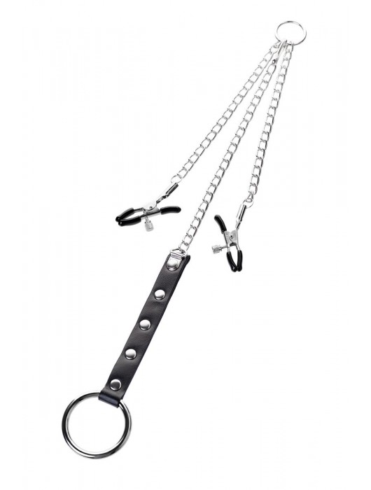 Серебристо-чёрные зажимы для сосков с кольцом для пениса TOYFA Metal - ToyFa - купить с доставкой в Архангельске